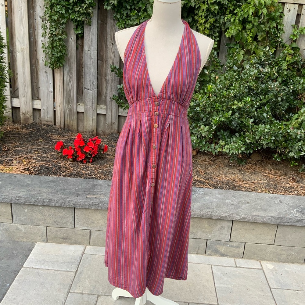 Multicoloured striped halter dress